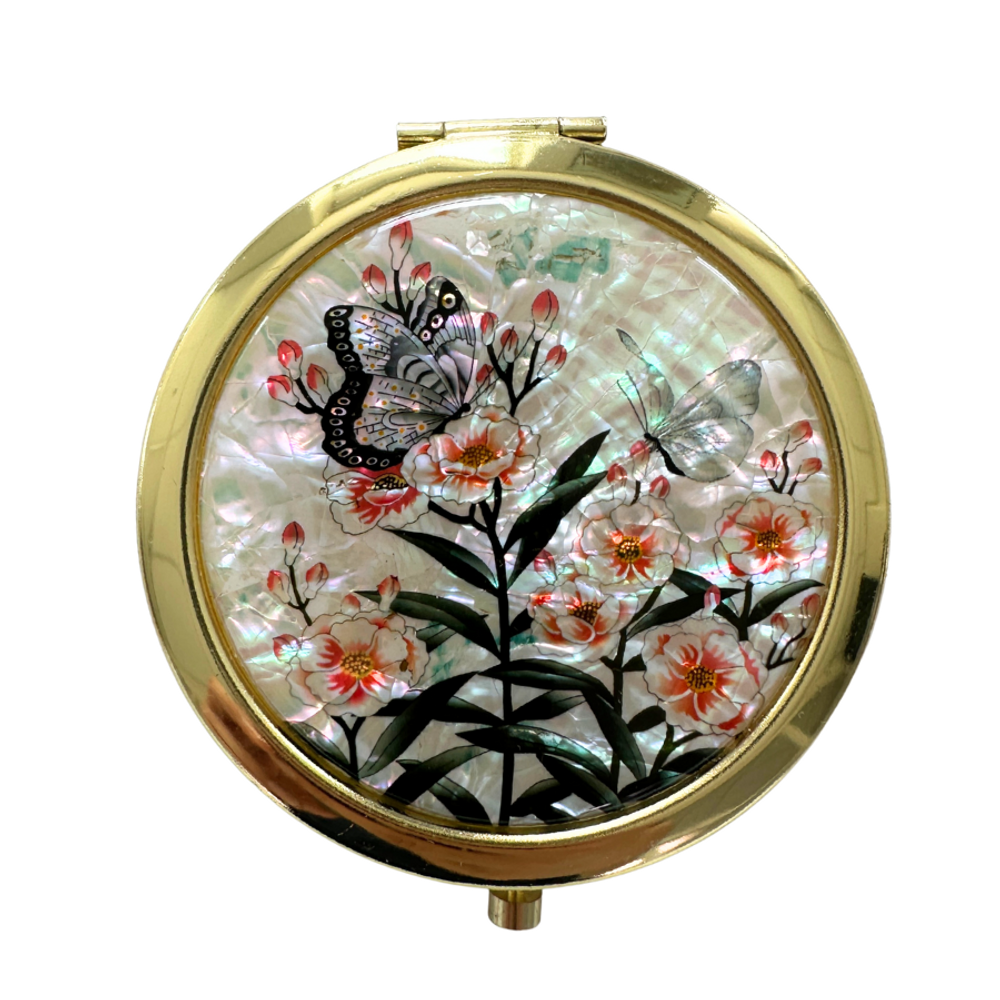 NAMIN Craft Portable Korean Mother-of-Pearl Double-Sided Compact Mirror (70mm x 75mm) Butterfly and Flower White _ 1x Magnifying Mirror, One-Touch Open, Korean Traditional Handicraft, Souvenir, Made in Korea